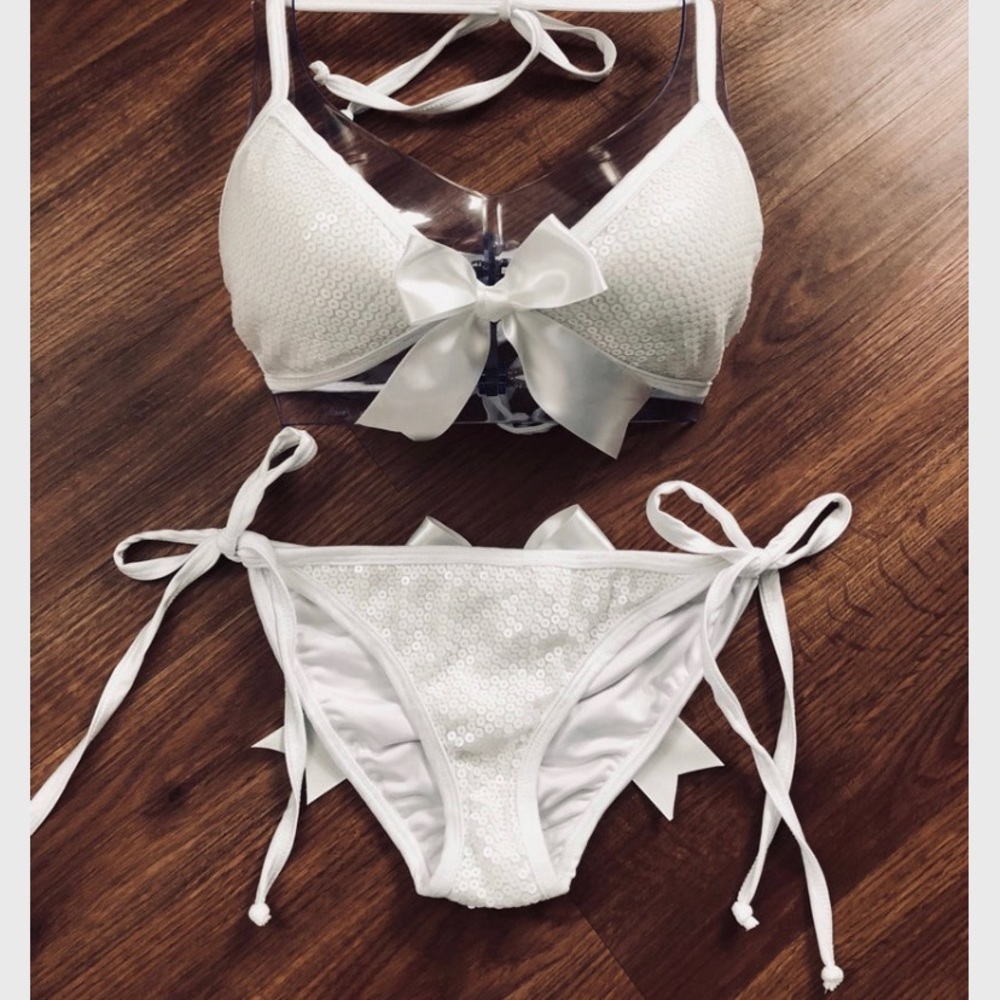 Priya White Sequin scrunch bottom with Satin Bow L